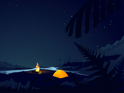 Psst, it's camping time camping dusk fire forest lake landscape mountains nature starry night stars tent trees