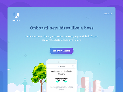 Uelco: Pre Landing Page app early access gradient hr landing onboarding team ui ux web