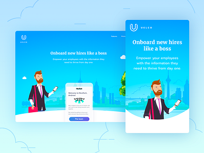 Uelco: responsive landing page app buildings city colorful dude hipster landing page responsive skyline tree