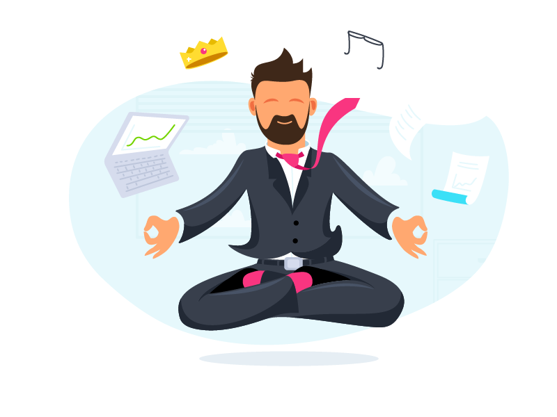 Stakeholder om content meditation zen persona stakeholder glasses crown window laptop suit executive