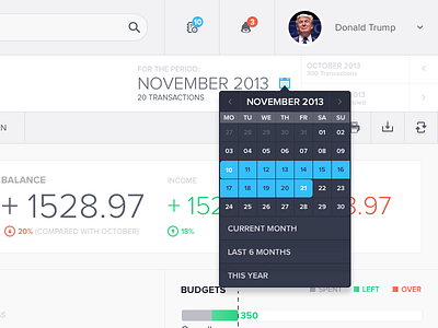 Date Picker application blue dashboard date picker gui interface management money picker tooltip ui web app