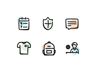 Icons for the dashboard of Gretel admin backpack blob chat communication connect dashboard design events icon design icon set icons illustration me paint pastel sketch team