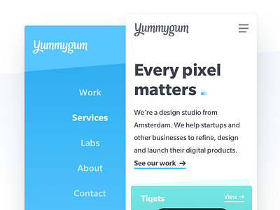 Yummygum Homepage Mobile 2017 blue hamburger heading homepage ios links menu mobile responsive website yummygum