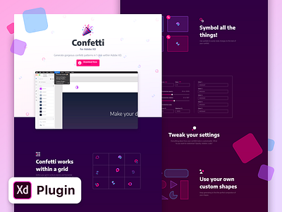 Confetti for Adobe XD - Landing Page adobe adobexd confetti homepage landing party pink plugin purple website xd