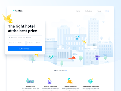 Find your amazing hotel deal - Landing Page amenities bird birds booking buildings header hotel hotel room hotels houses illustration paragraph platform search secure travel traveling