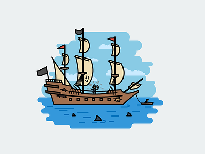 Once at sea day2icon flat flat icon galleon illustration illustrator line art outline pirates sharks ship vector