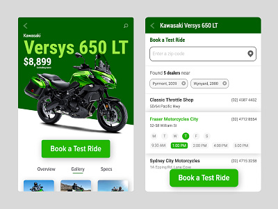 Book a test ride app mobile ui
