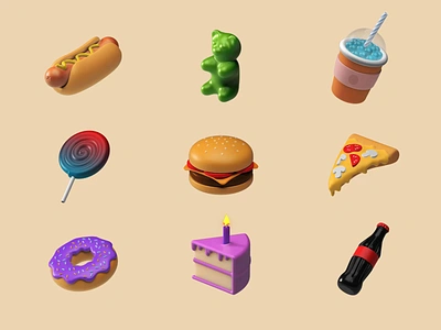 3D Icons Pack - Food II animation burger cake cola donuts food icecream motion pizza sushi