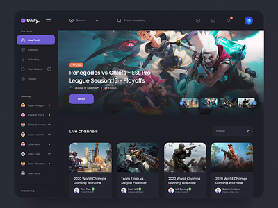 Unity Gaming I after effects animation dashboard design game gaming motion motion design streaming ui ui8 ux