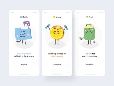Tinies Animated I money coin planet mail file folder gear pencil icons motion-design illustration design ui after-effects ui8 motion animation