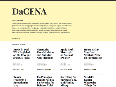 DaCENA homepage datajournalism homepage linked data news playfair roboto webdesign yellow