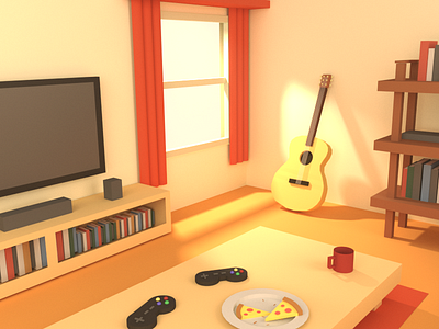 My Living Room 3d blender book controller guitar living room pizza render room tv