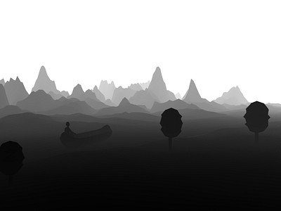 The Boatsman 3d black and white boat grayscale illustration landscape low poly mountains music render river tree