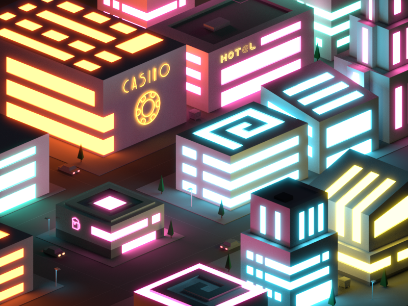 Neon City futuristic cyberpunk game lights low poly illustration isometric casino vegas neon night city