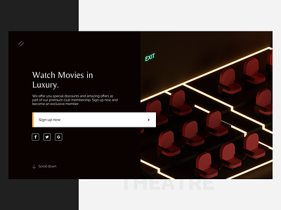Theatre - Premium Membership Landing Page 3d dark fancy interface isometric low poly luxury movie split fold theatre ui ux