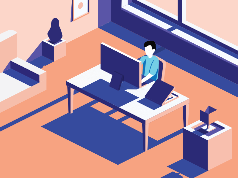 Illustration - Work from home landing page shadow computer plant art vector home office sunlight isometric illustration