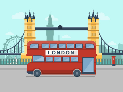 London big ben bus city flat illustration london tower bridge urban vector