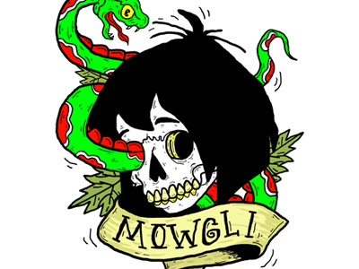 R.I.P Mowgli berlin disney flash sheet illustration jungle book mowgli scroll skull snake tattoo venom