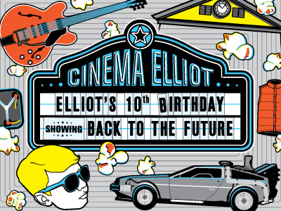 Invite for my son's 10th birthday party... 88 miles per hour back to the future birthday delorean dmc flux capacitor gibson es 345 invitation movie popcorn serious shit