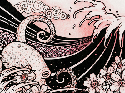 Waves 01 drawing ink japanese octopus pen sketchbook wave