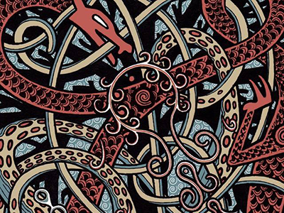 Battle for Yggdrasil dragon ink norse octopus pen screenprint tree viking yggdrasil