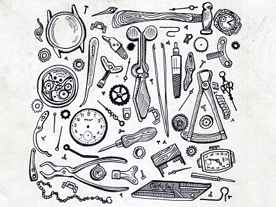Watchmaker's Drawer black and white bw illustration ink watchmaker