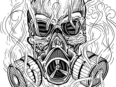 ink drawing for metal band - Redline Burn blackandwhite bw drawing gasmask illustration ink skull smoke