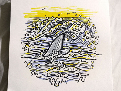 "Don't go past the sand bar" beach blue fin illustration ink ocean prismacolor shark sketchbook water waves yellow