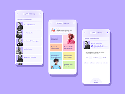 English Learning App — redesign advanced app audio design elens designs english intermediate learn english listening long paragraphs mobile mobile app passages purple quotes redesign sentence dictation ui vincent van gogh web design