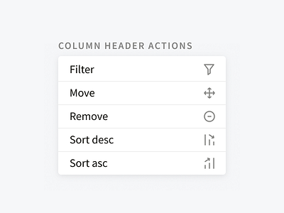 Column header actions actions column icons tables