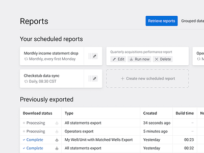 Scheduled reports actions add buttons cards exports new report scheduled sync