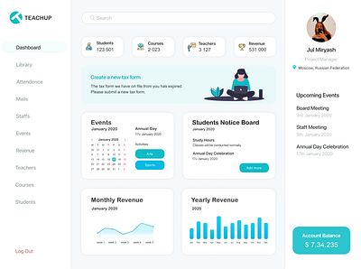 Dashboard interface balance calendar chart courses information logo schedule training ui ux