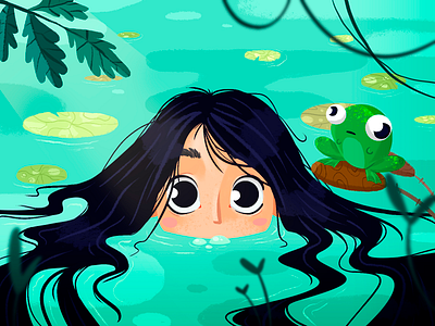 Under The Swamp cute digital frog girl illustration nature paint photoshop plant procreate swamp water