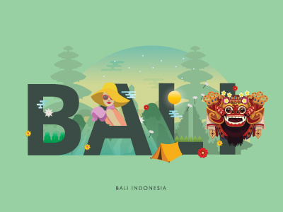 Bali 'Land of God' backpacker bali barong culture dance girl landscape temple tourism traditional typography vectober