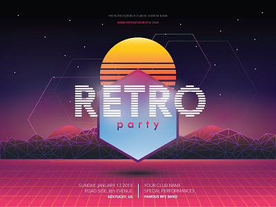 Retrofuturistic 80s event future futuristic landscape music new wave party retro shapes summer vibrant vintage