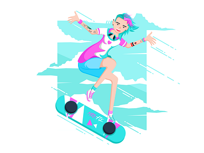 Mrs. FLY beautiful character flat girl hoverboard illustration vector