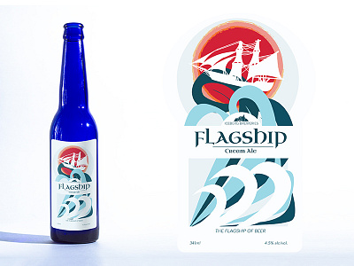 Flagship beer blue bottle flag label ocean ship