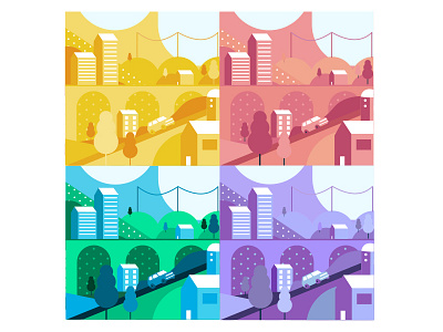 Colour Town bridge cars city colourful illustrator landscape pattern simple symmetry town trees