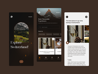 Traveling app - Travel & Explore booking brown cart cheese clean elegant explore inspiration list luxury places planner switzerland traveling trip ui ux visits wine world