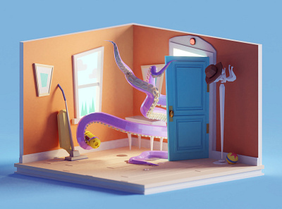 Low poly the monster's room 3d animation graphic design illustration logo ui