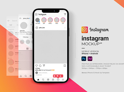 Instagram Mock-Up Template (Android + iOs) app application concept design frame graphic illustration instagram media mobile photo post social template vector web