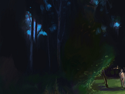 Night has come to the forest, and Faun now has a great backpack) art digital faun illustration landscape painting pleinair