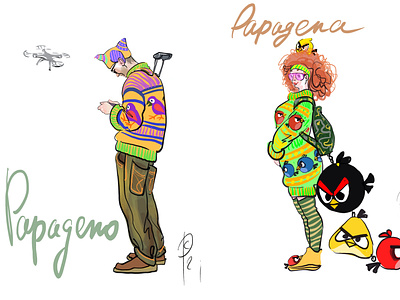 Sweet couple - Papageno and Papagena art design digital fashion illustration magicflute mozart opera sketch theater