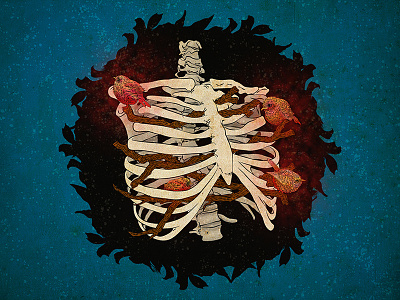 The Soul is the Bird that Sustains its Cage birdhouse birds illustration ribcage skeleton