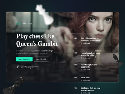 Chess guide by Koncepted 3d chess chess app chess piece chessboard gambit game guide interface learning platform queen queens gambit the queens gambit web design