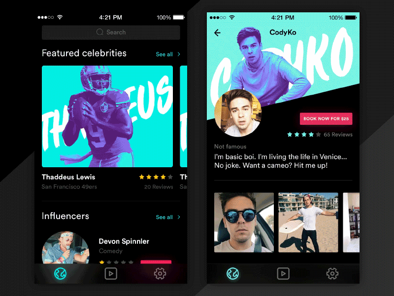 Cameo App app ui app ux cameo dark discover feed profile video