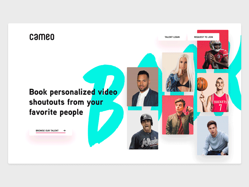 Cameo Landing Page booking clean entertainment influencer landing page marketplace people video website