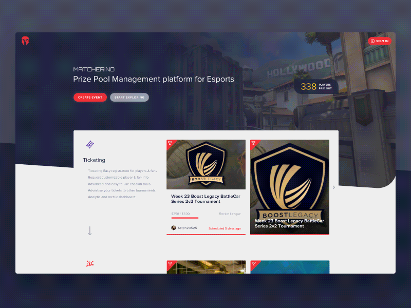 Matcherino Homepage Design design esport game gaming homepage interface landing platform tournament ui website