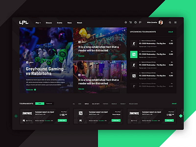 LPL - Let's Play Live Website Design app csgo dark design dota esport esports fortnite gaming interface landing news tournament ui website