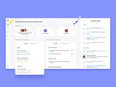 Fellow Homepage activity feed calendar cards ui collaboration dashboad desktop app due date home homepage meetings navigation bar notification search star timeline to do app ui ux visual design welcome